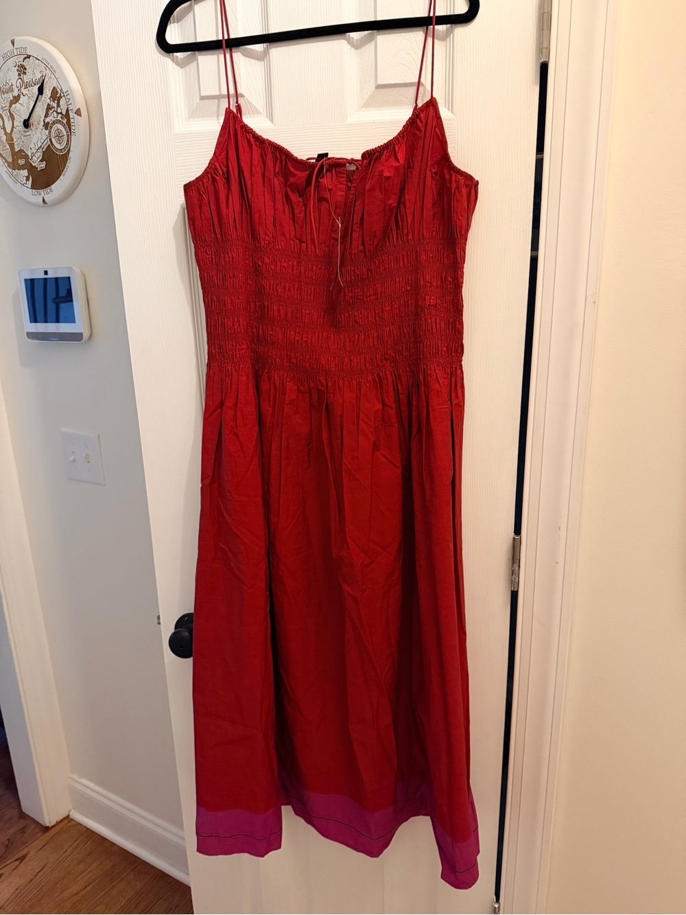J. Crew Red Smocked Midi Dress with Pink Hem